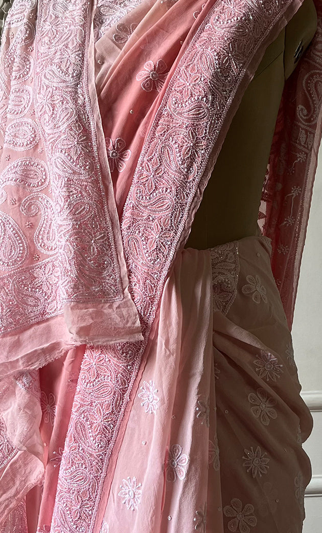 Women's Lakhnavi Handcrafted Pure Silk Georgette Chikankari Saree - HONC0285571