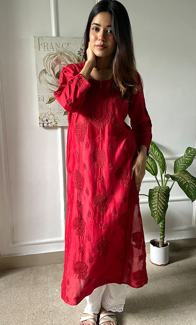 Sufi Women's Lucknowi Handcrafted Chanderi Silk Chikankari Kurti - HONC041952