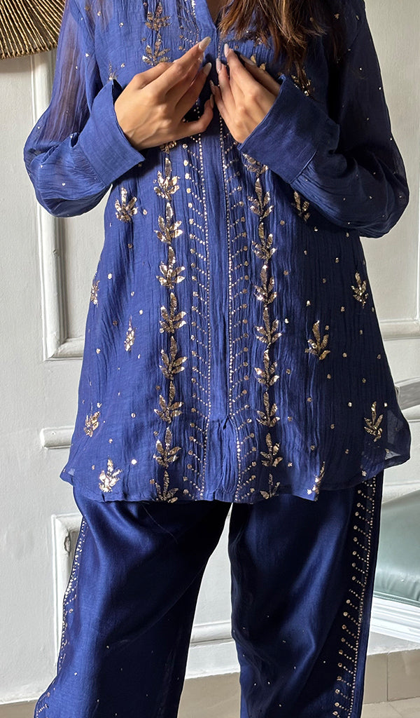 Emma Women's Lucknowi Handcrafted Mul Chanderi Stitched Chikankari Kurta And Plazzo Set- HONC0338383