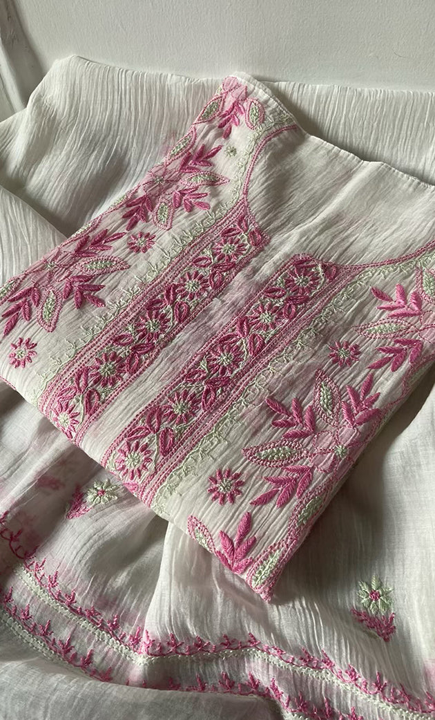 Women's Lakhnavi Handcrafted Mul Chanderi Semi - stitched Kurta And Dupatta Set- HONC0314876