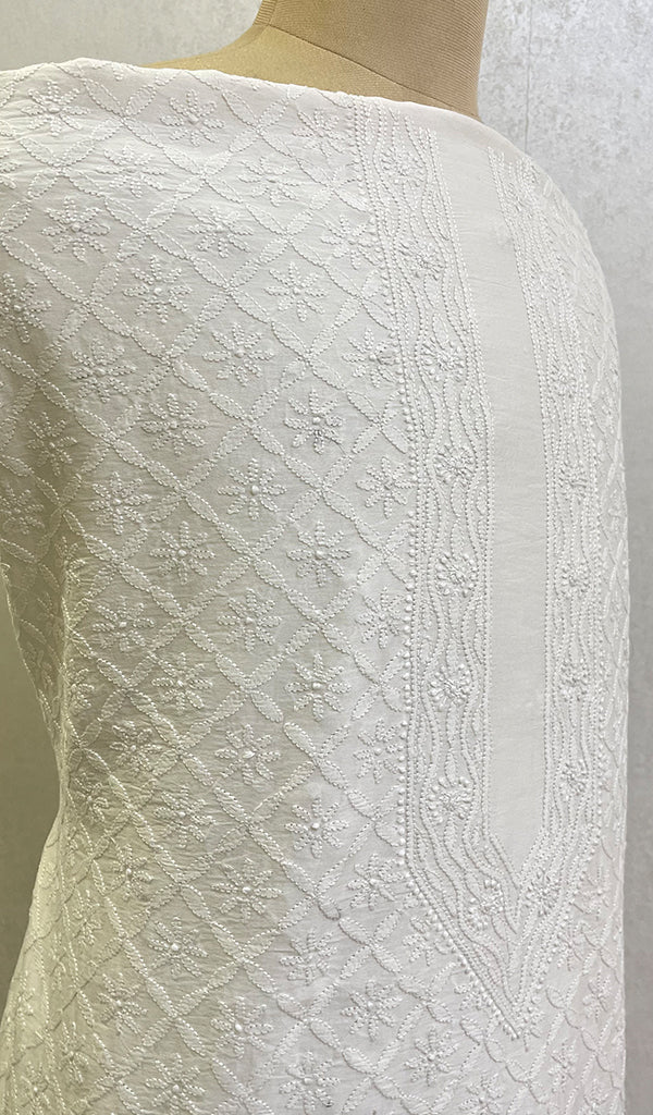 Lucknowi Handcrafted Chanderi Silk Chikankari Unstitched Men's Kurta Fabric - HONC0112130