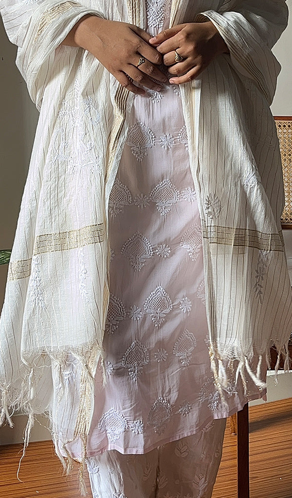 Women's Lakhnavi Handcrafted Chanderi Silk Chikankari Dupatta - HONC068109