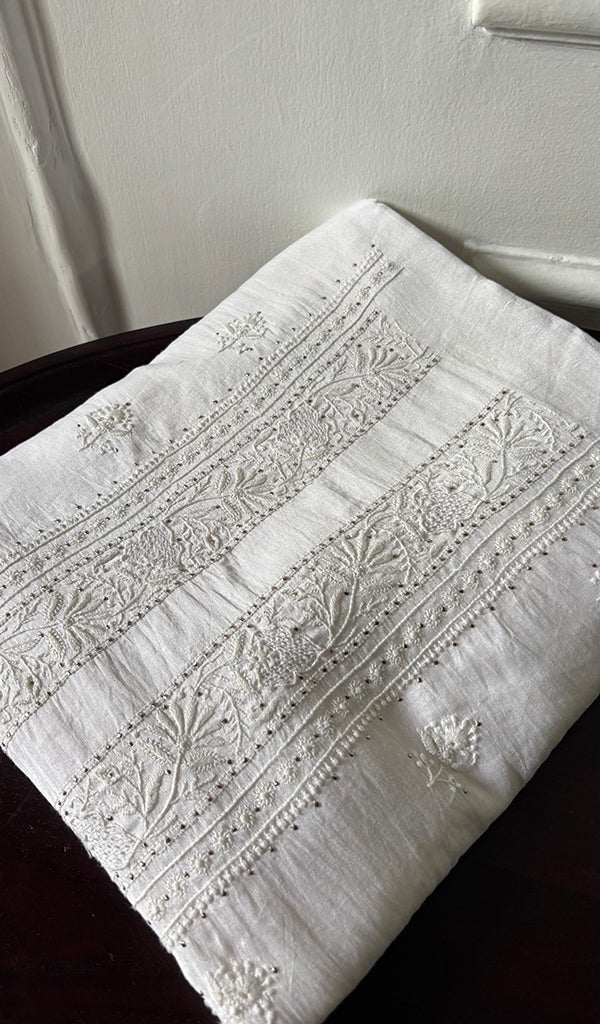 Women's Lucknowi Handcrafted Chanderi Silk Unstitched Chikankari Kurta and Dupatta Set- HONC0276223