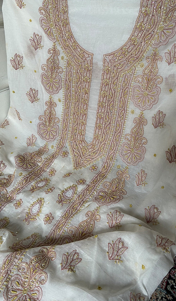 Women's Lakhnavi Handcrafted Mul Chanderi Unstitched Kurta And Dupatta Set - HONC0365501