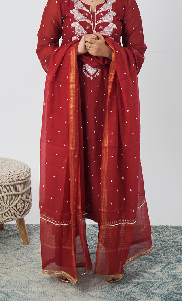 Women's Lakhnavi Handcrafted Mul Chanderi Chikankari Stitched Kurta, Dupatta And Pant Set - HONC0320723