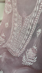 Load image into Gallery viewer, Women's Lakhnavi Handcrafted Pure Organza Chikankari Unstitched Kurta And Dupatta Set- HONC0329217