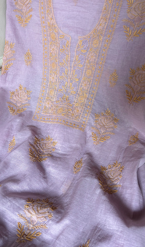 Women's Lakhnavi Handcrafted Chanderi Silk Unstitched Chikankari Full Suit - HONC0351091