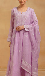 Load image into Gallery viewer, Women's Lakhnavi Handcrafted Mul Chanderi Chikankari Stitched Kurta, Dupatta And Pant Set - HONC0565464