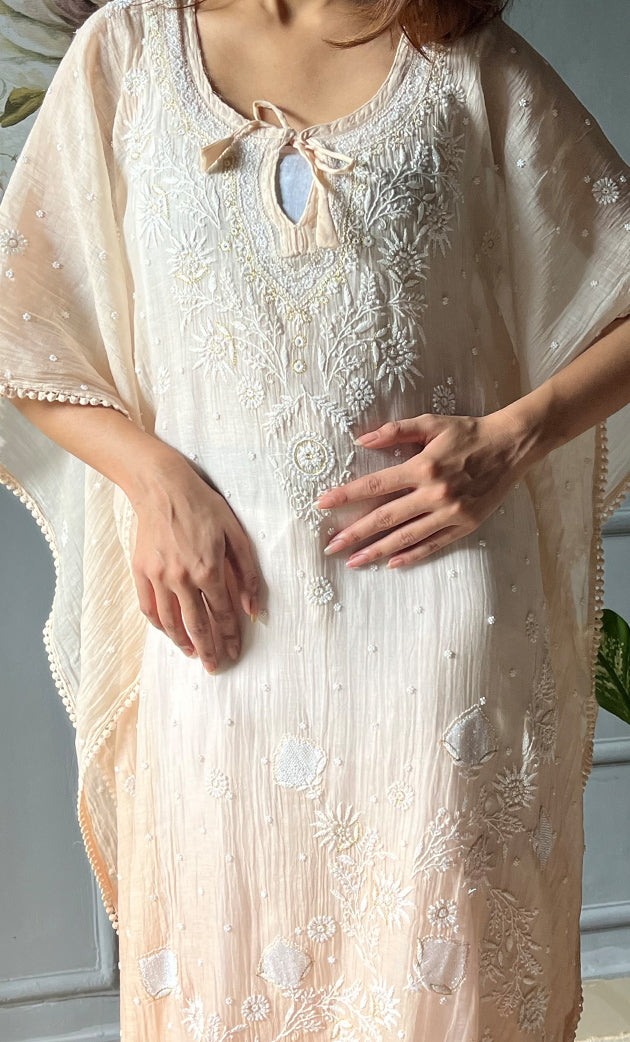 Rabia Women's Lucknowi Handcrafted Mul chanderi Chikankari Kaftan - HONC0311973