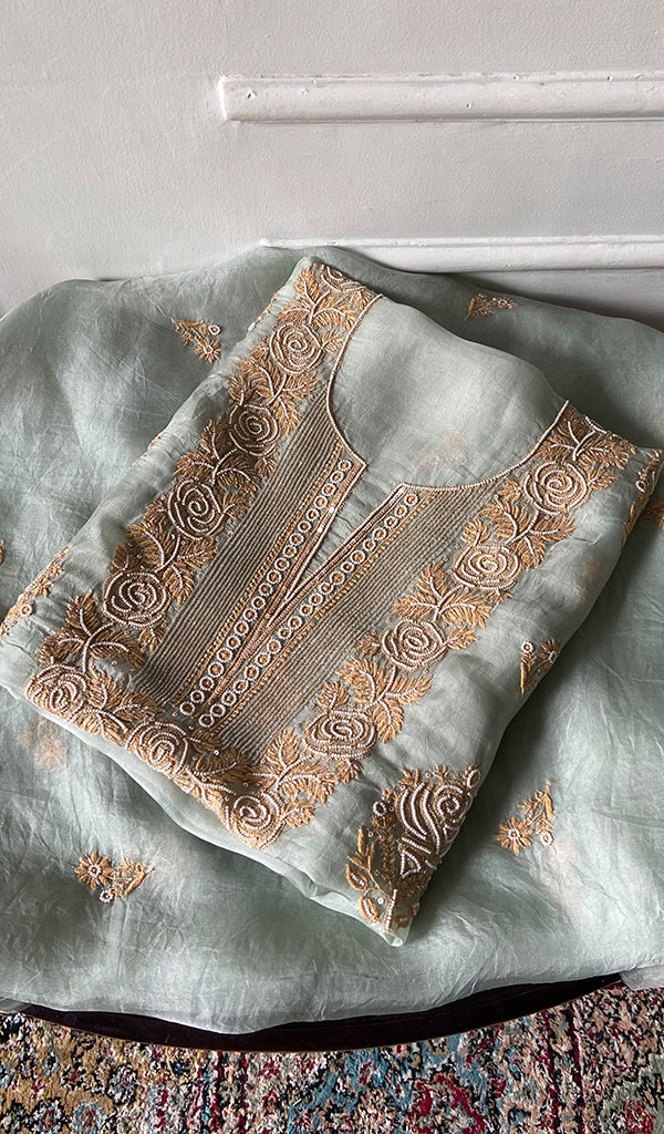 Women's Lakhnavi Handcrafted Pure Organza Chikankari Unstitched Kurta And Dupatta Set - HONC0352112