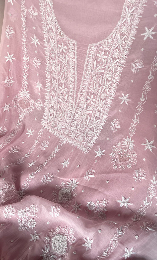 Women's Lakhnavi Handcrafted Unstitched Mul Chanderi Kurta And Dupatta Set - HONC0329039