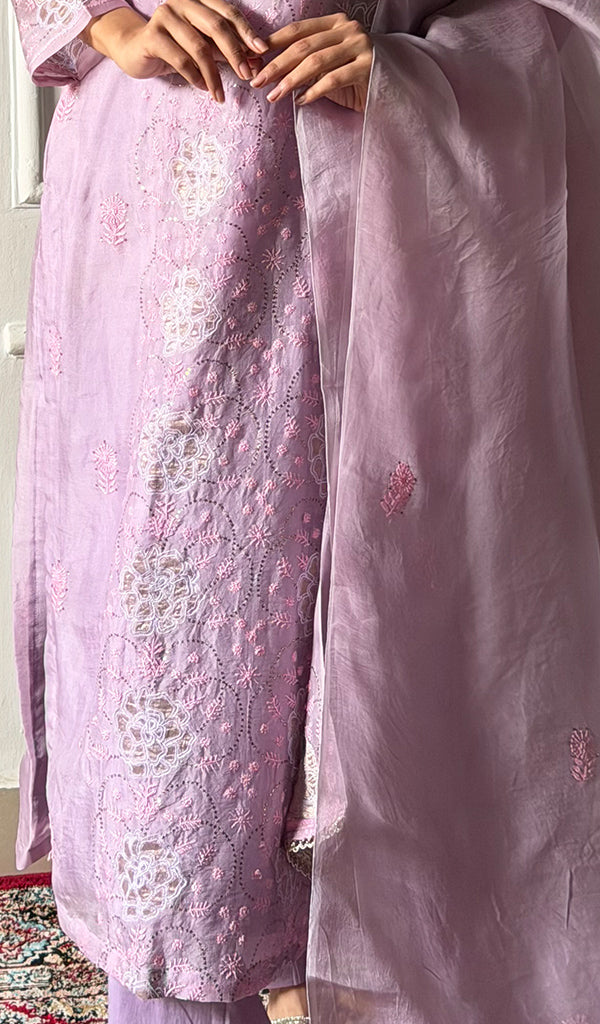 Women's Lucknowi Handcrafted Pure Organza Silk Stitched Chikankari Kurta, Dupatta With Pant Set- HONC0319989