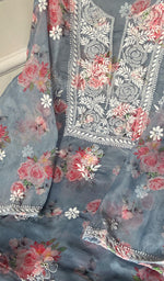 将图像加载到图库查看器中， Afshina Women&#39;s Lakhnavi Handcrafted Organza Chikankari Semi-stitched Kurta And Dupatta Set - HONC0201460
