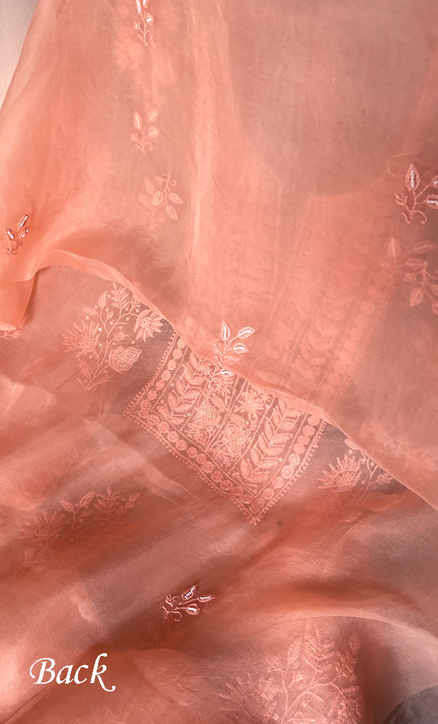 Women's Lakhnavi Handcrafted Pure Organza Chikankari Unstitched Kurta And Dupatta Set- HONC0314163