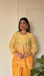 Anika Women's Lucknowi Handcrafted Chanderi Silk Chikankari Top with Farshi Salwar Set .