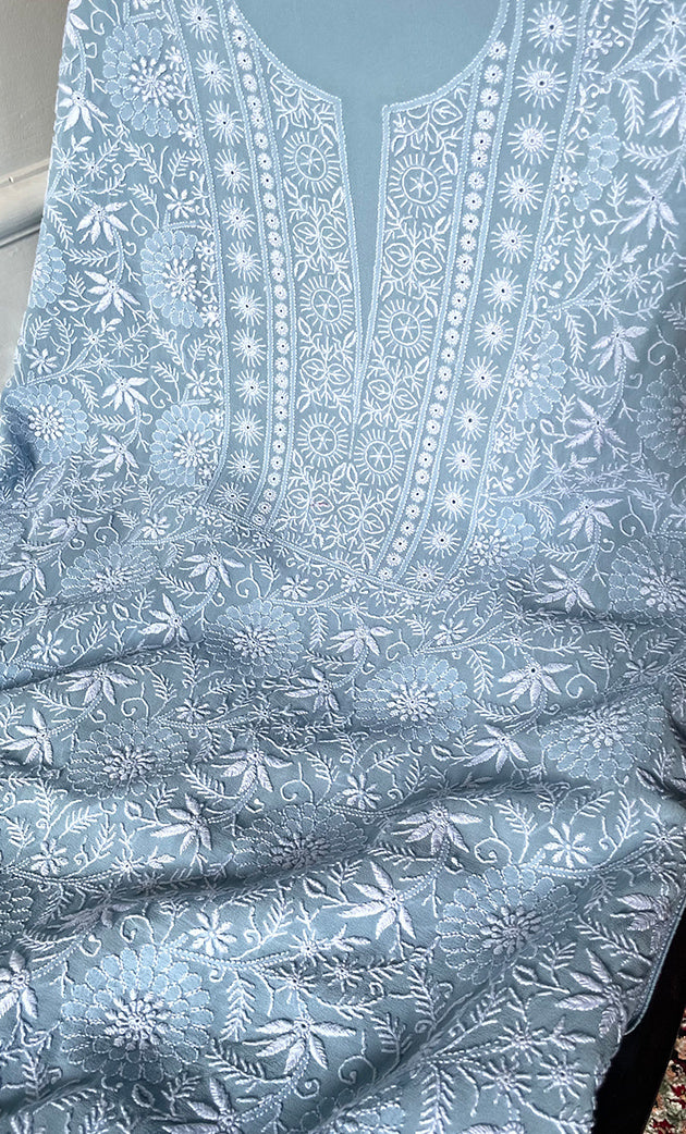 Women's Lakhnavi Handcrafted Pure Silk Georgette Chikankari Kurta And Dupatta Set- HONC0300705