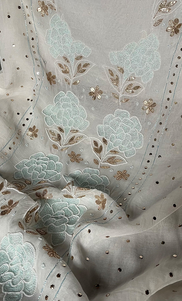 Women's Lakhnavi Handcrafted Mul Chanderi Unstitched Kurta And Dupatta Set - HONC0311958