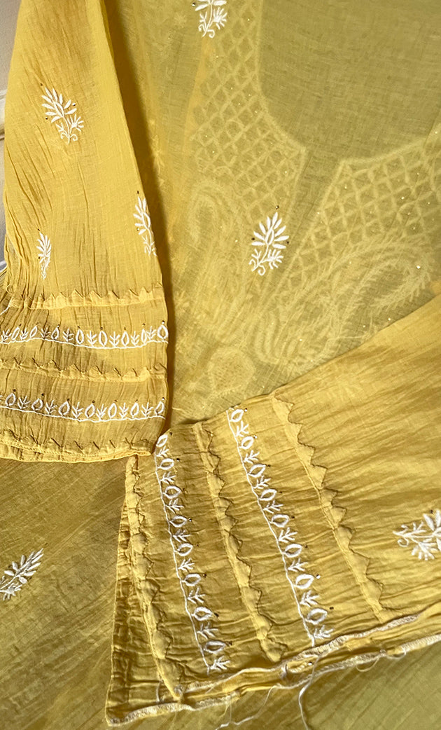 Women's Lakhnavi Handcrafted Mul Chanderi Semi - stitched Kurta And Dupatta Set- HONC0282405