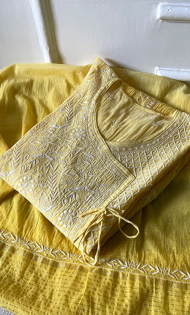 Women's Lakhnavi Handcrafted Mul Chanderi Semi - Stitched Kurta And Dupatta Set - HONC0289398