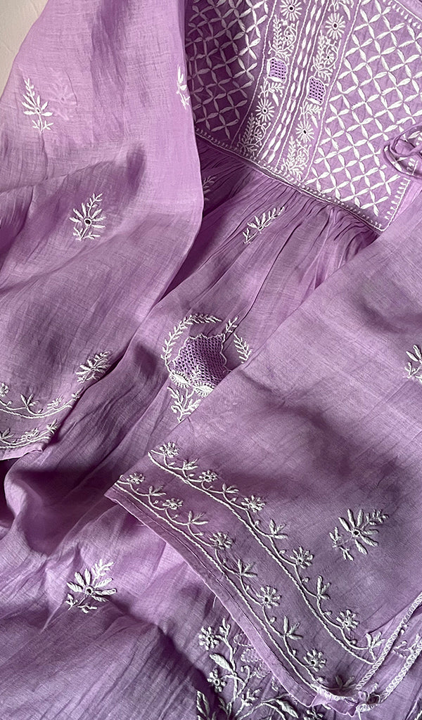Women's Lakhnavi Handcrafted Mul Chanderi Chikankari Semi - Stitched Kurta Dupatta Set - HONC0235319
