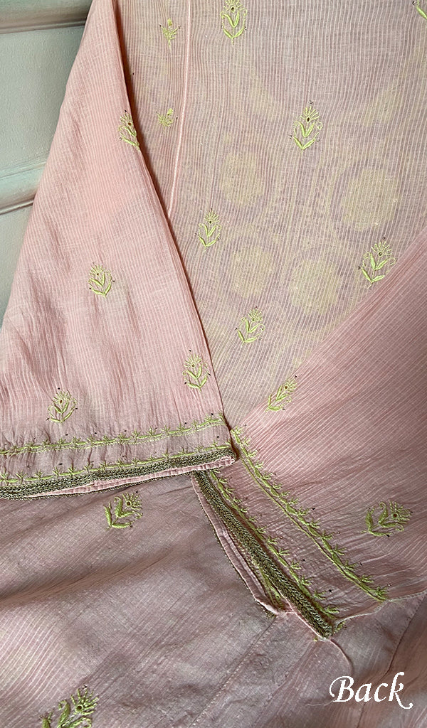 Women's Lakhnavi Handcrafted Maheshwari Mul Chanderi Semi - Stitched Chikankari Full Suit Material - HONC