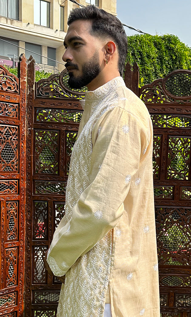 Men's Lucknowi Handcrafted Tissue Chanderi Chikankari Kurta - HONC0321236
