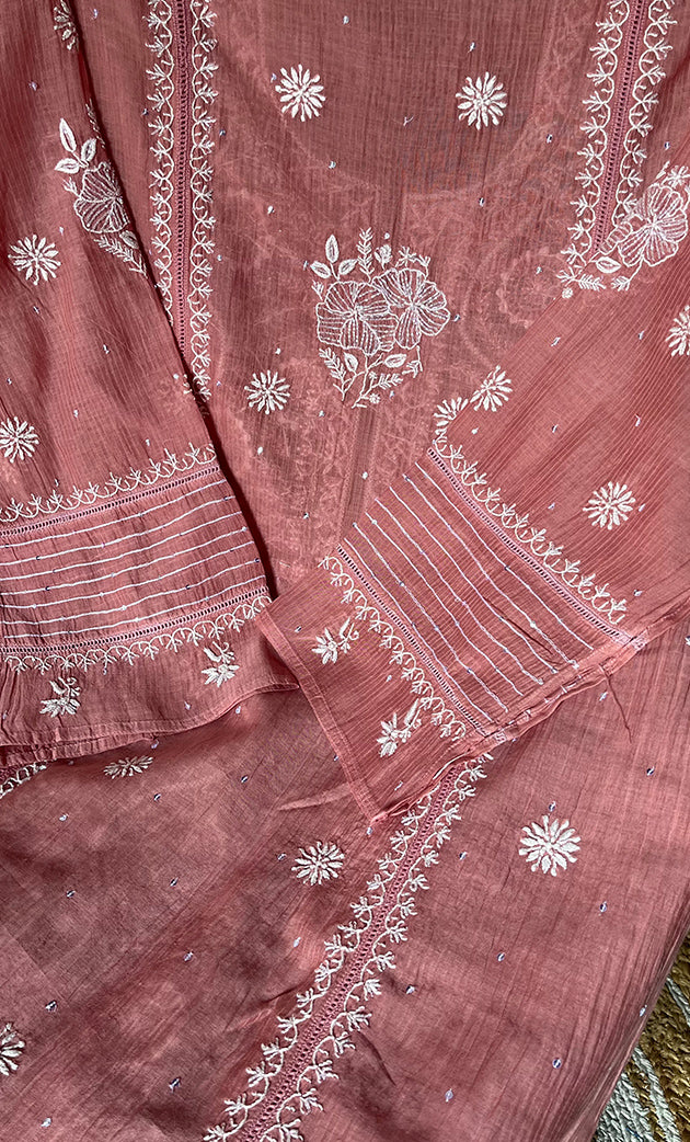 Women's Lakhnavi Handcrafted Mul Chanderi Chikankari Semi - Stitched Kurta Dupatta Set - HONC0301238
