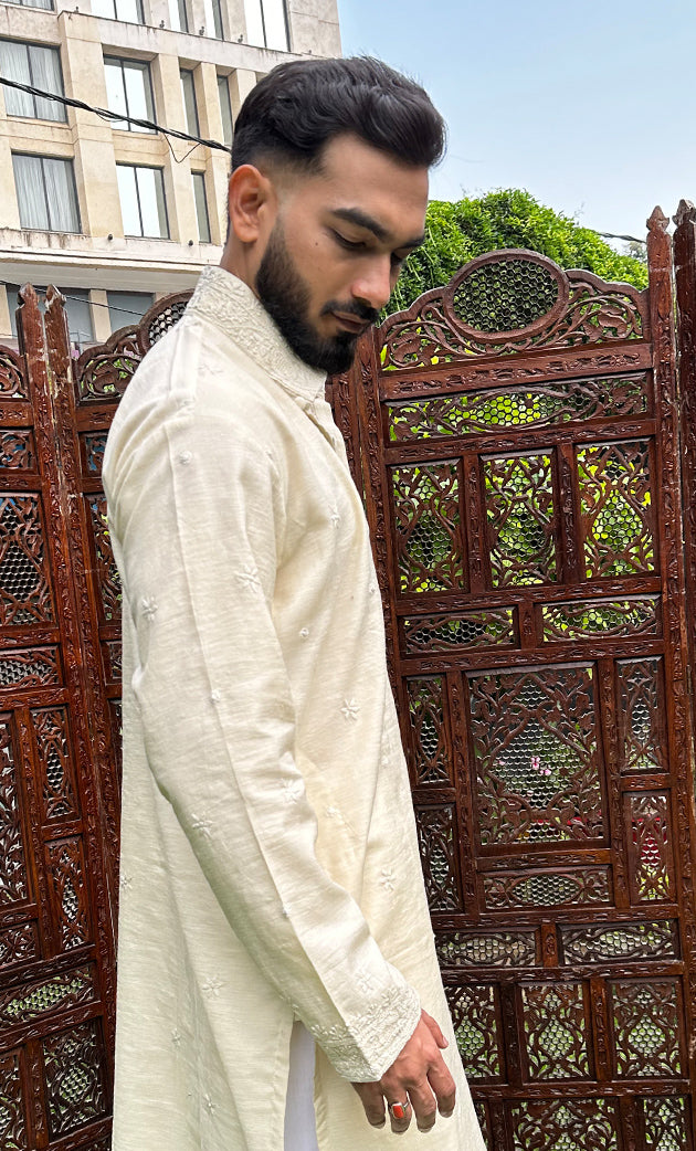 Men's Lucknowi Handcrafted Cotton Chikankari Kurta - HONC0256210