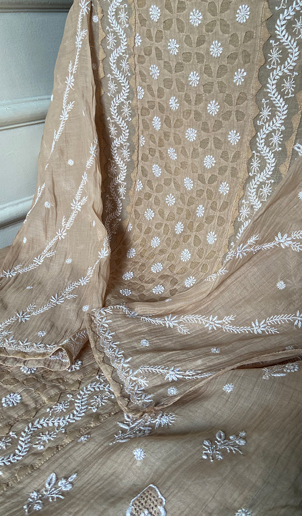 Women's Lakhnavi Handcrafted Mul Chanderi Semi - Stitched Kurta And Dupatta Set - HONC0339041