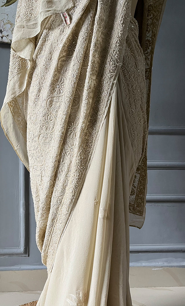 Women's Lakhnavi Handcrafted Pure Silk Georgette Chikankari - HONC0288394