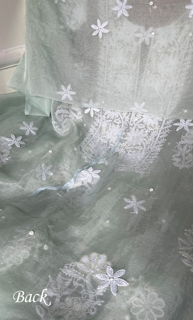 Women's Lakhnavi Handcrafted Organza Chikankari Unstitched Full Suit Material - HONC0270896