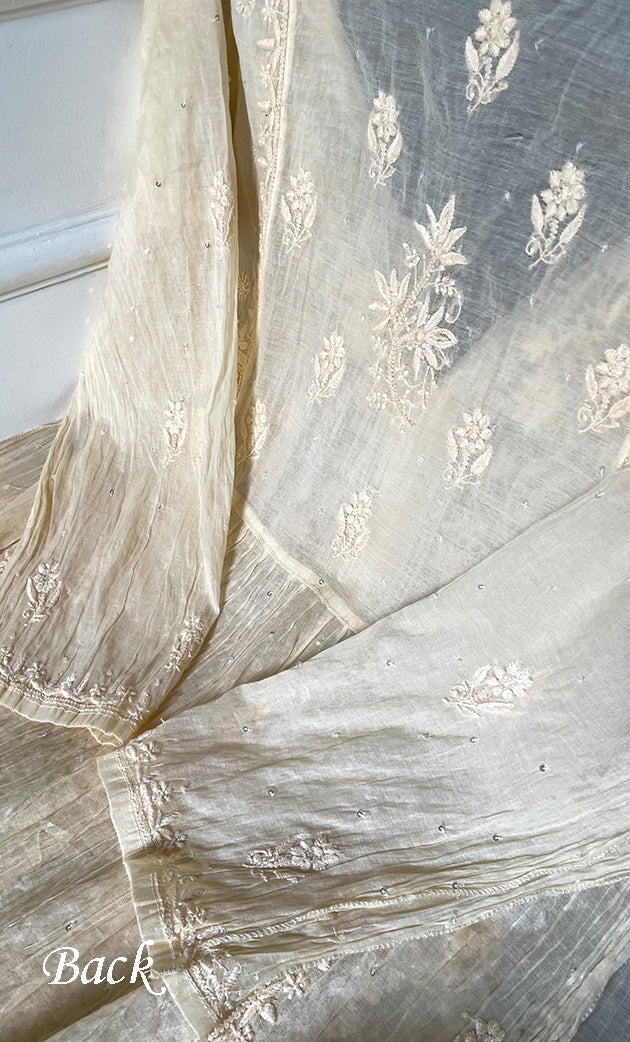 Women's Lakhnavi Handcrafted Mul Chanderi Semi - stitched Chikankari Full Suit Material - HONC0319556