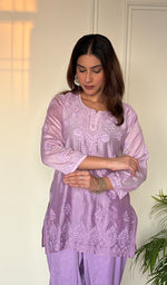 Anika Women's Lucknowi Handcrafted Chanderi Silk Chikankari Top with Farshi Salwar Set .