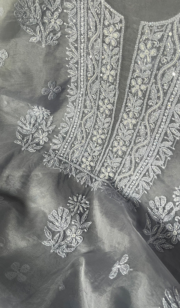 Women's Lakhnavi Handcrafted Organza Chikankari Unstitched Full Suit Material - HONC0250851