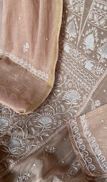 Beige Pure Mul Chanderi Chikankari 3 Pc Semi-Stitched Anarkali Suit Set