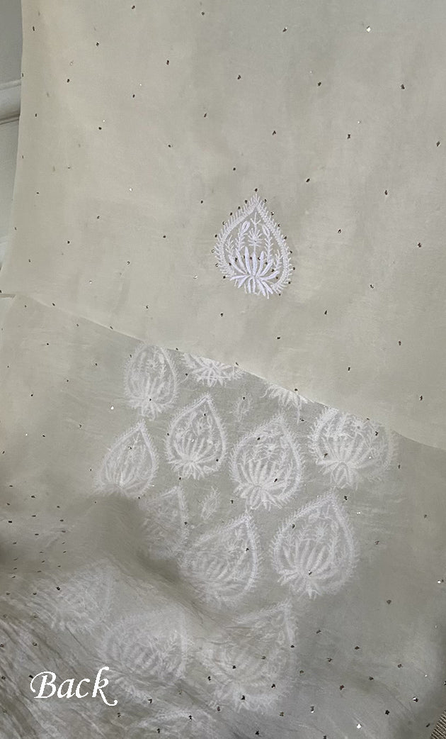 Women's Lakhnavi Handcrafted Pure Organza Chikankari Unstitched Kurta And Dupatta Set- HONC0314851