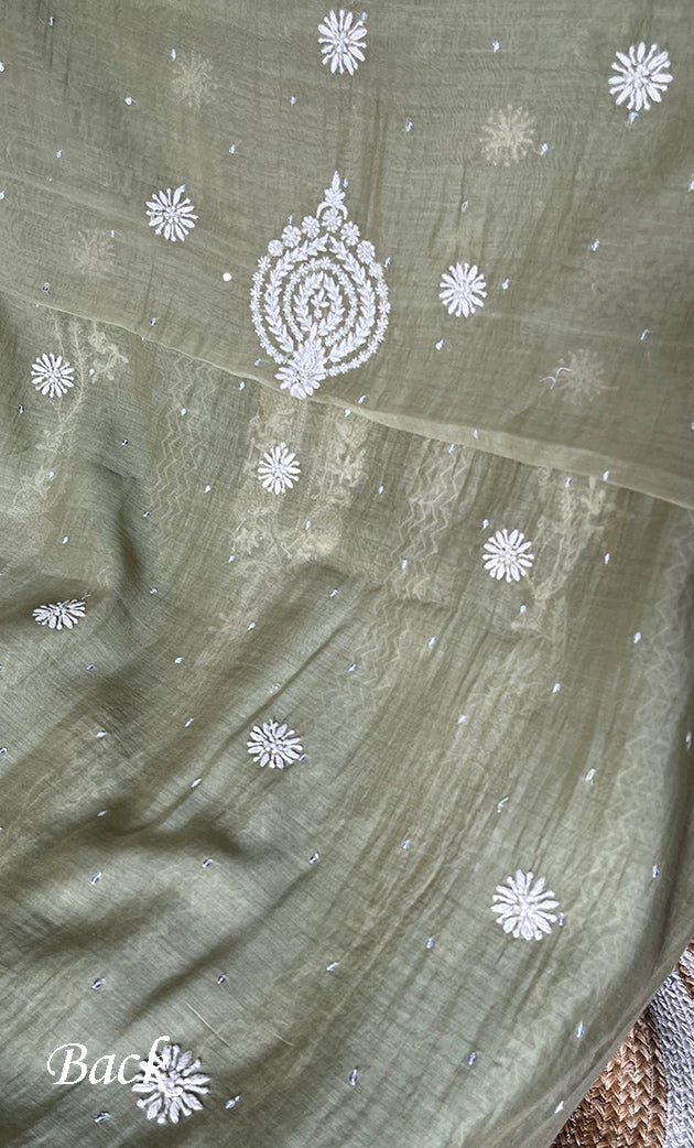 Women's Lakhnavi Handcrafted Mul Chanderi Unstitched Kurta And Dupatta Set - HONC0301227