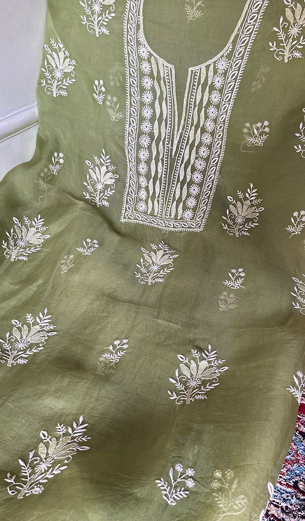 Women's Lakhnavi Handcrafted Pure Organza Chikankari Unstitched Kurta Dupatta Set- HONC0359089