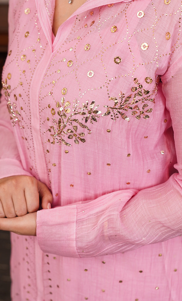 Women's Lucknowi Handcrafted Mul Chanderi Stitched Chikankari Kurta And Plazzo Set- HONC03185720