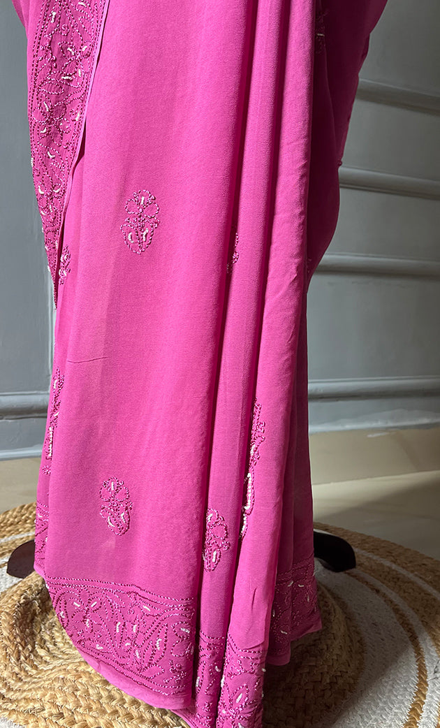 Women's Lakhnavi Handcrafted Viscose Georgette Chikankari Saree - HONC0290059