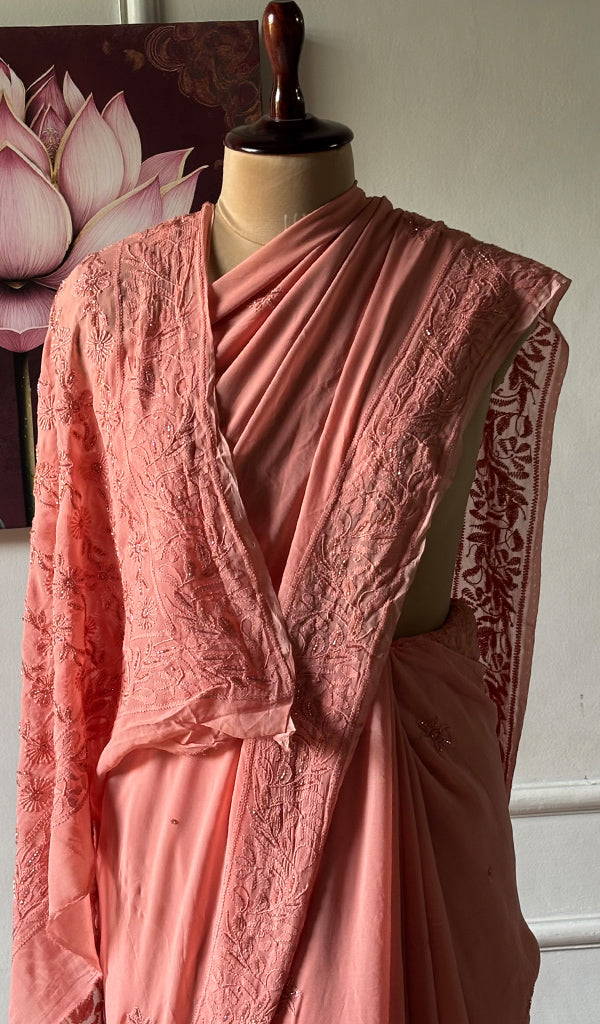 Women's Lakhnavi Handcrafted Viscose Georgette Chikankari Saree - HONC0337525