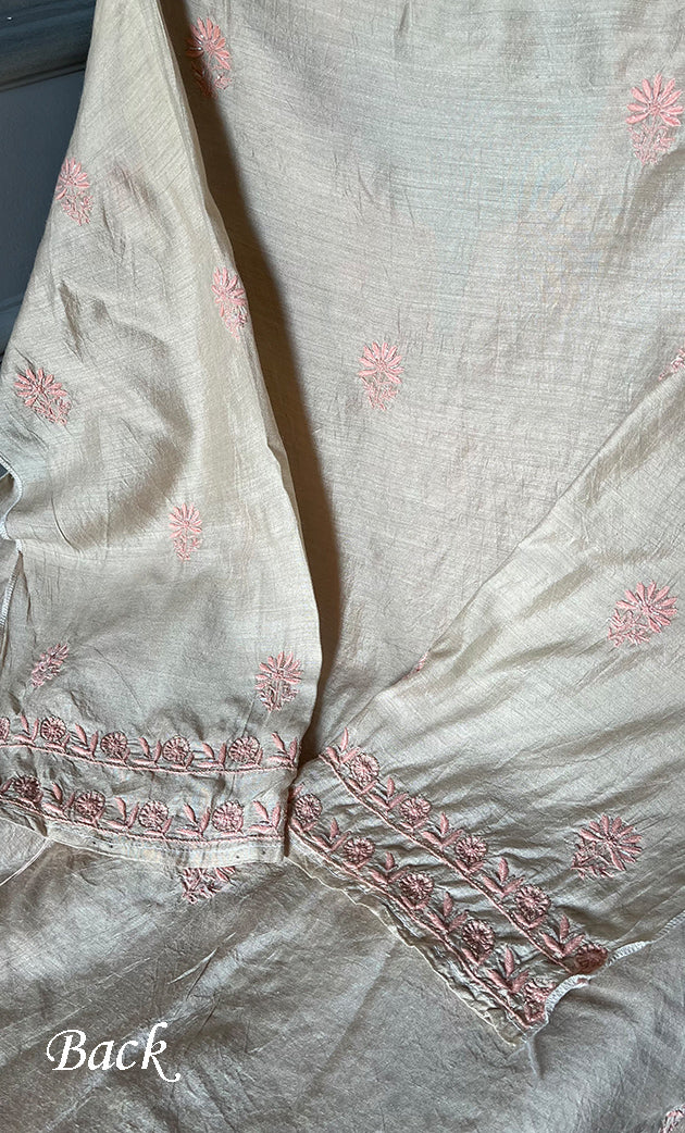 Women's Lakhnavi Handcrafted Munga Silk Semi - Stitched Chikankari Kurta And Dupatta Set- HONC0276216