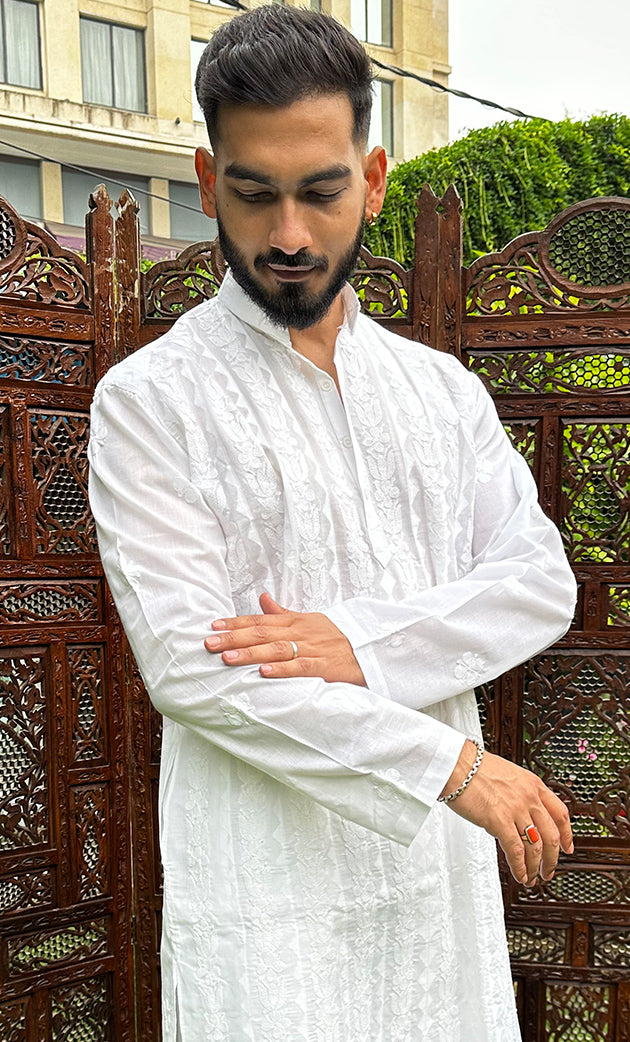 Men's Lucknowi Handcrafted Cotton Chikankari Kurta - HONC0295444