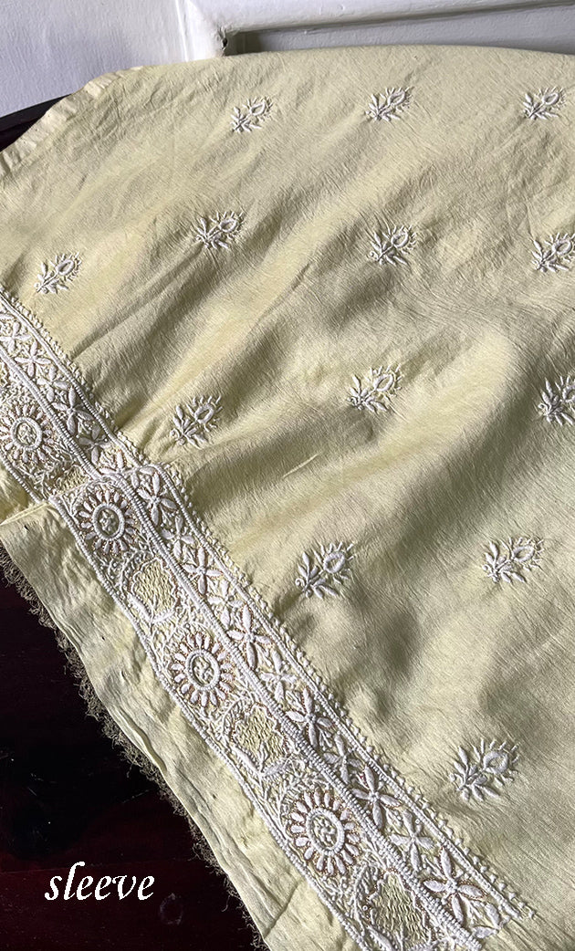 Lucknowi Handcrafted Chanderi Silk Chikankari Unstitched Unisex Kurta Fabric - HONC0275124