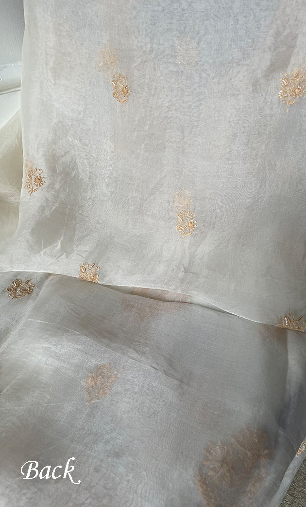 Women's Lakhnavi Handcrafted Pure Organza Chikankari Unstitched Kurta And Dupatta Set- HONC0308250