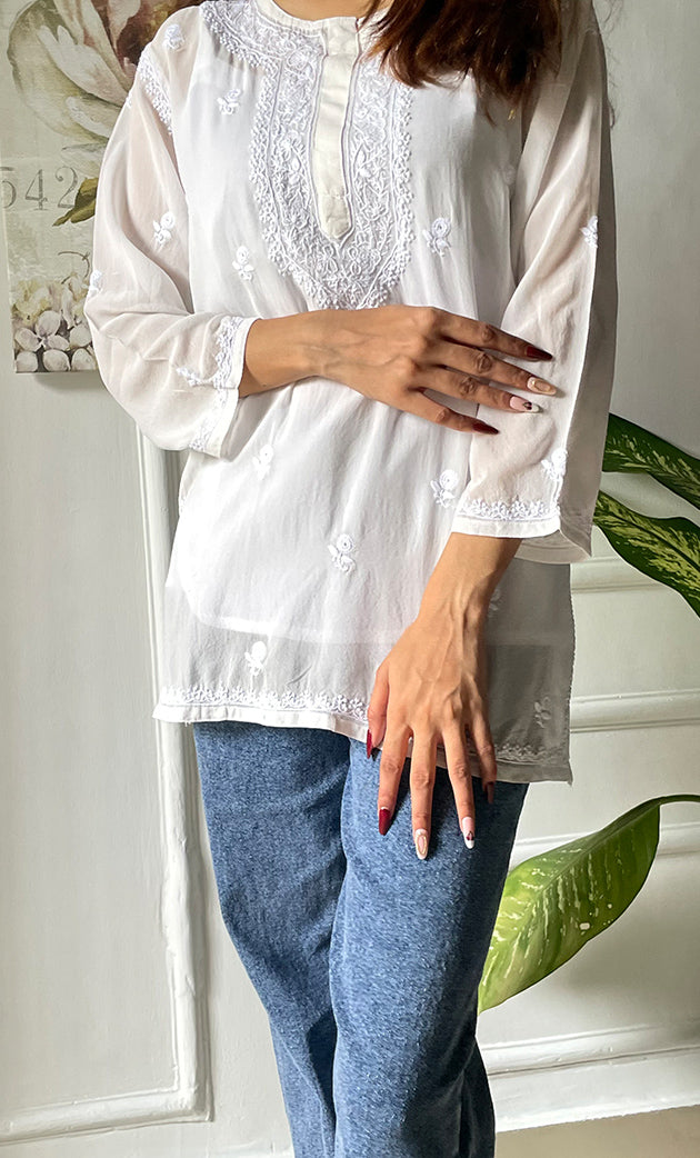 Women's Lucknowi Handcrafted  Pure Georgette Chikankari Top - HONC0269334