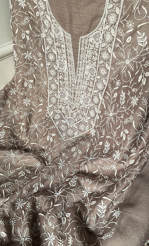 Women's Lakhnavi Handcrafted Unstitched Munga Silk Chikankari Kurta And Dupatta Set- HONC0280937