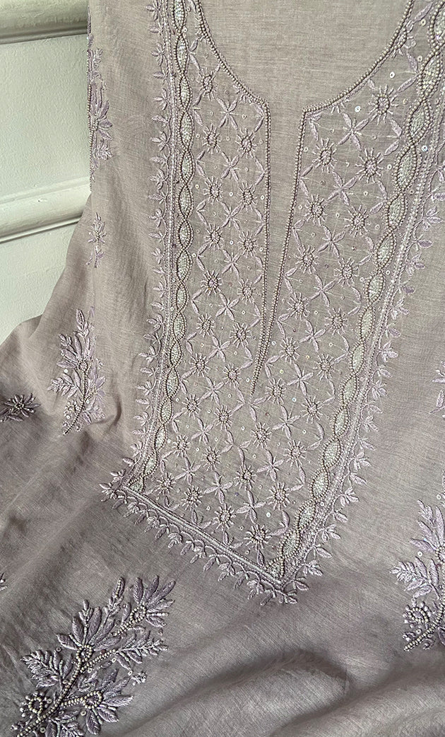 Women's Lakhnavi Handcrafted Mul Chanderi Unstitched Chikankari Full Suit Material - HONC0328112