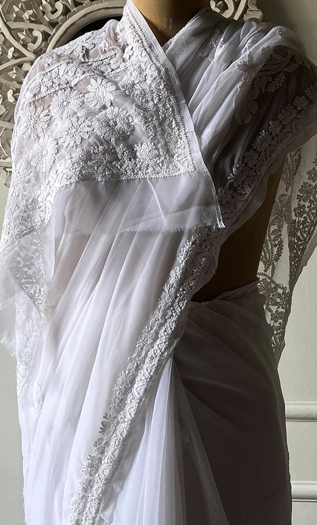 Women's Lucknowi Handcrafted  Faux-Georgette Chikankari Saree - HONC0228974