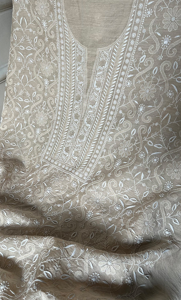 Women's Lakhnavi Handcrafted Unstitched Munga Silk Chikankari Kurta And Dupatta Set- HONC0337754